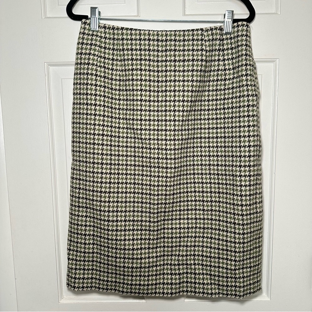Talbots Vintage Classic Houndstooth Brown and Green Wool Pencil Skirt Size 10